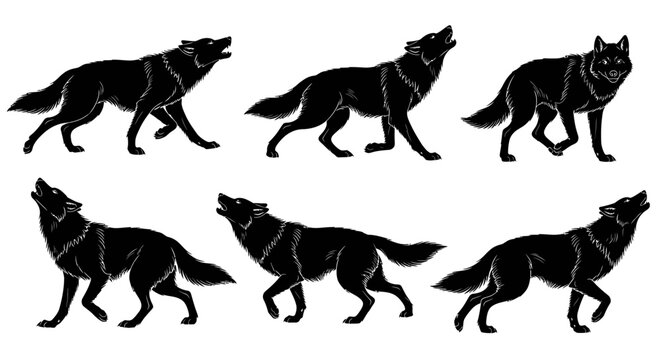 Silhouette of wolves in various running poses illustrated in a graphic design