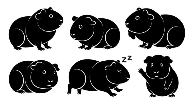 Collection of guinea pigs in various poses and expressions, showcasing different emotions and actions in a simple illustration style
