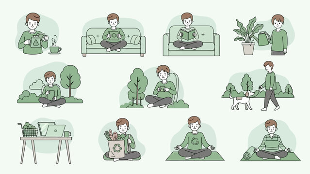 Young man in various relaxed and focused poses indoors and outdoors.