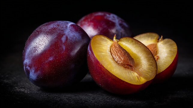 Dark Purple Plums, Whole and Sliced, with Stone Fruit and Water Droplets