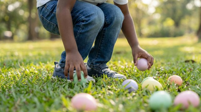 Child crouching in grass picking up Easter eggs outdoors