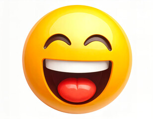 3D Laughing Emoji with Open Mouth. 3D Laughing Emoji with Open Mouth
Description: A three-dimensional rendering of a bright yellow laughing emoji with crescent-shaped closed eyes, wide open mouth, red