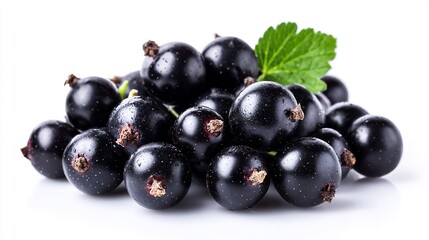 Glossy Blackcurrants with Green Leaves on White Background, Fresh Berry Still Life