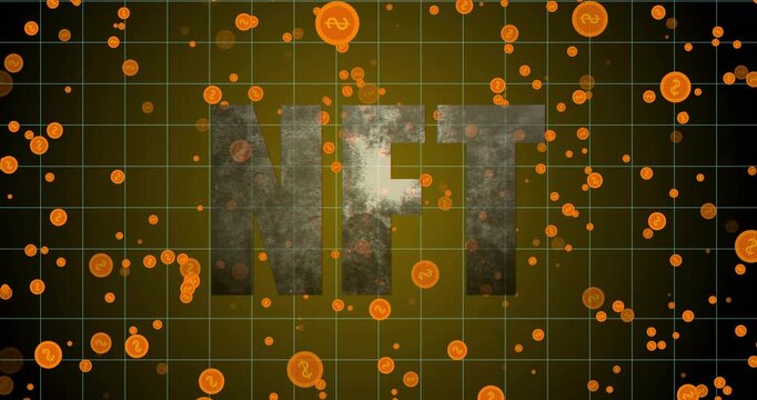 Metal NFT letters staying center while incoming coins drifting, hiding, clearing showing token flow