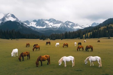 Obraz premium Horses grazing freely in a vast green meadow with a background of towering snow-capped mountains and a dense evergreen forest under an overcast sky, symbolizing freedom and wilderness