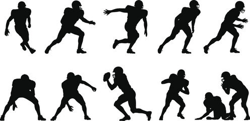 American Football Player Silhouette Set Showing Running, Passing, Tackling, and Defensive Action Poses, Black Vector Illustration Isolated on White Background for Sports and Athletic Design