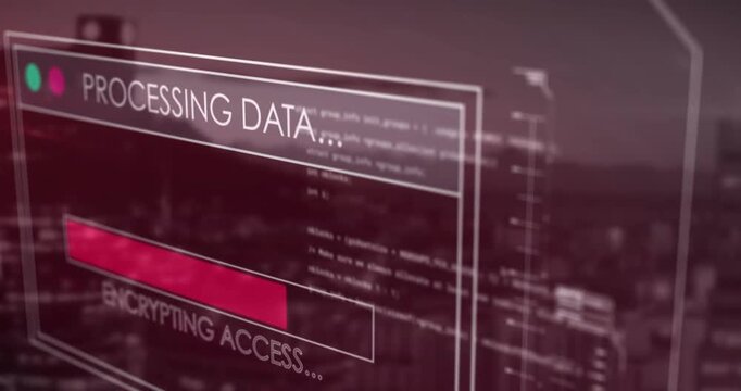 On load frosted HUD panel filling progress bar, updating status and decoding data to reveal skyline
