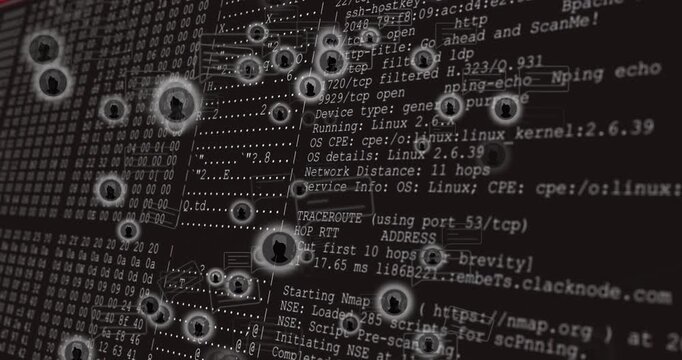 Grid appearing, avatar icons and chat bubbles drifting, clustering over cmd output, revealing scan