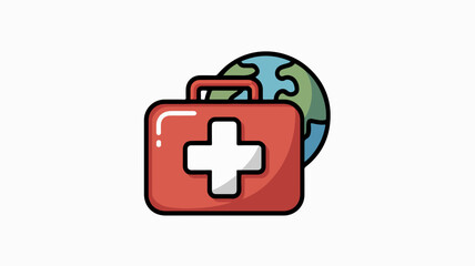 Obraz premium Red first aid kit with white cross and handle globe background medical emergency symbol health care concept travel medicine global health