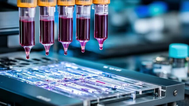 Nighttime medium shot of automated hematology analyzer handling multiple blood tubes main tube in perfect focus and rest of lab area dim and out of focus.