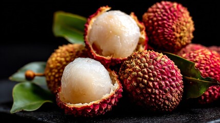 Fresh lychees with peeled fruit, vibrant texture, dark background, tropical sweetness, close-up view