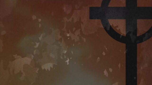 On start layered shards drifting and changing density, revealing dark vertical symbol to calm scene