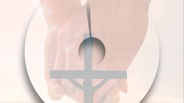 Diagonal wedge entering, gray emblem rotating and slicing, revealing palm through cutout for demo