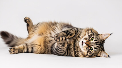 Fototapeta premium Tabby Cat Lying on Back Relaxing.