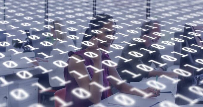 Woman receiving phone call while taking notes for business meeting, binary digits overlaying scene