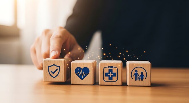 Hand Arranging Wooden Blocks with Health and Safety Icons Displayed on Surface