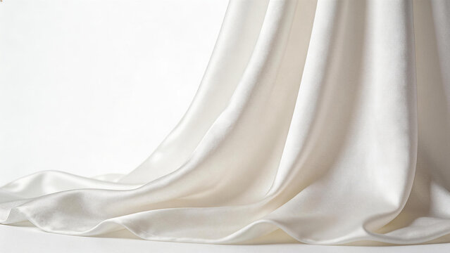 Close-up of flowing white satin fabric with smooth, glossy texture. Ideal for fashion, textile, and elegant design backgrounds.