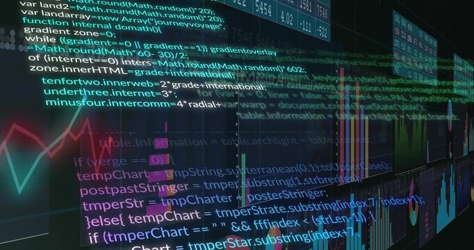 Camera panning across panel data wall, stacked bars shifting right, code scrolling, showing trends