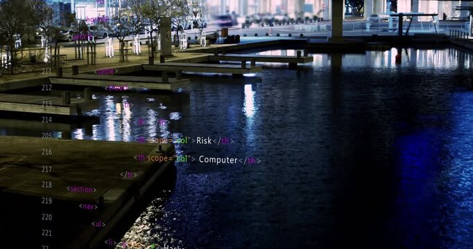 Faint code lines starting overlay rising over dock and water scrolling, stacking, showing net risk