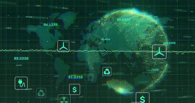 Dashboard unfolding starting particle globe forming, icons rising, settling to show energy data