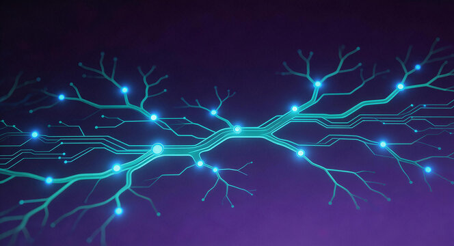 Abstract illustration of a neural network with lighted synapses and branches, set against a purple background. Represents artificial intelligence, brain function, and biological computing concepts.