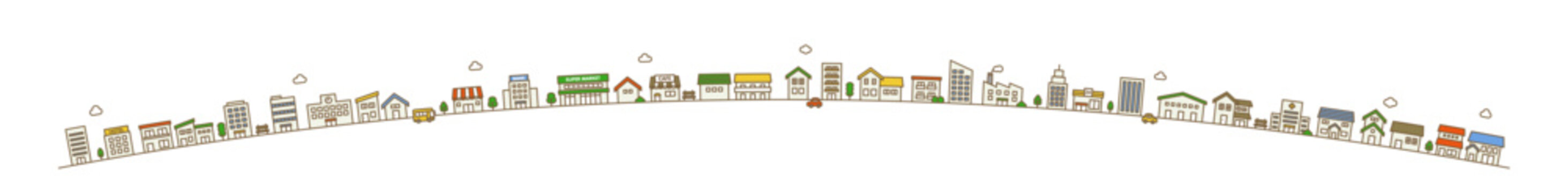 Line art town scene with houses arranged in a curved formation