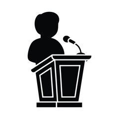 Simple black silhouette of a person speaking at a podium