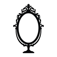 An ornate black oval shaped frame against a plain white background