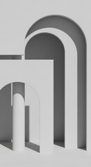 Overlapping architectural forms feature nested arches and cylindrical shapes creating strong geometric shadows