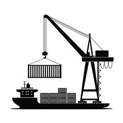 Black and white illustration of a ship being loaded by a crane