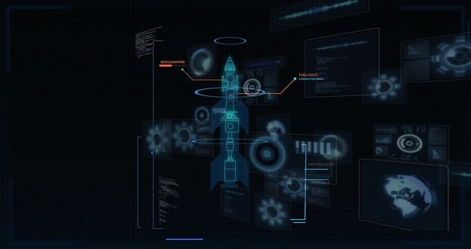Faint UI glyphs appearing, cyan rocket frame showing rings rotating, panels sliding for launch test
