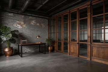 Fototapeta premium Interior of a modern industrial office with wooden glass cabinets, concrete floor, exposed brick wall, copper planters, and black metal desk lamp.