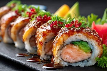 Close up of delicious sushi rolls on slate