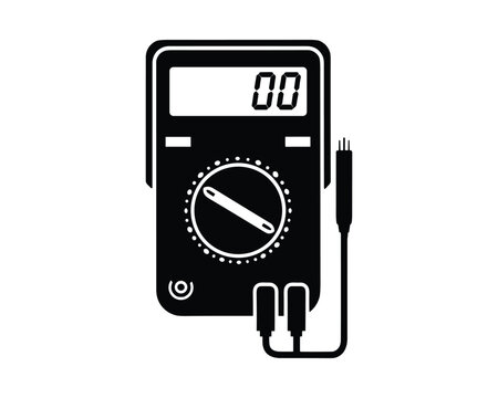 Black and white multimeter electrical measurement tool vector graphic, with probes and digital display showing zero value.