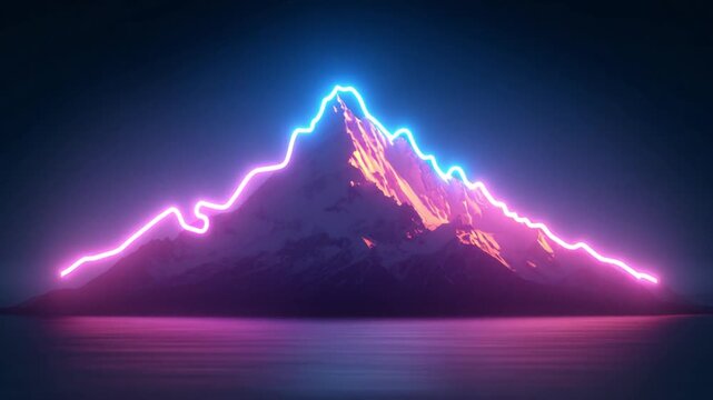 A glowing neon mountain range is reflected in the water, in the gradient night sky