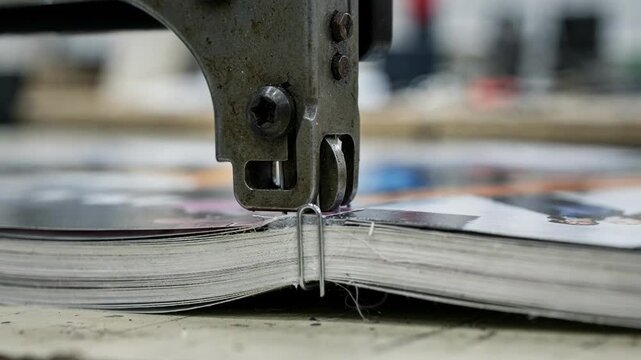 Trade magazine binding scene featuring a stapler fastening the spine capturing the sharp metal staples in focus and industrial workspace fading softly behind.