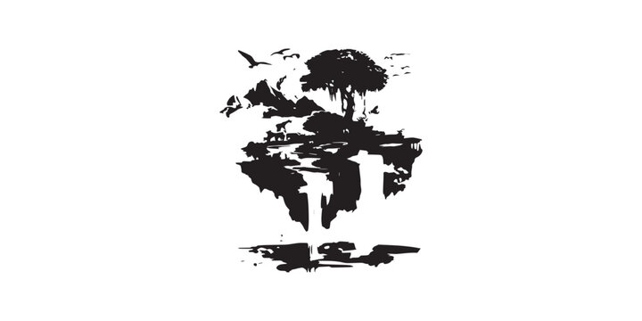 Abstract ink splash depicting a world map with birds flying.