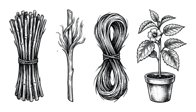 Bundle of sticks, twig, rope and potted plant in vintage engraving style line art illustration
