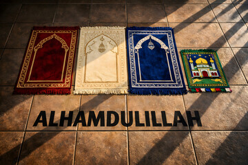 Fototapeta premium Colorful prayer rugs arranged on tiled floor with inspirational text 
