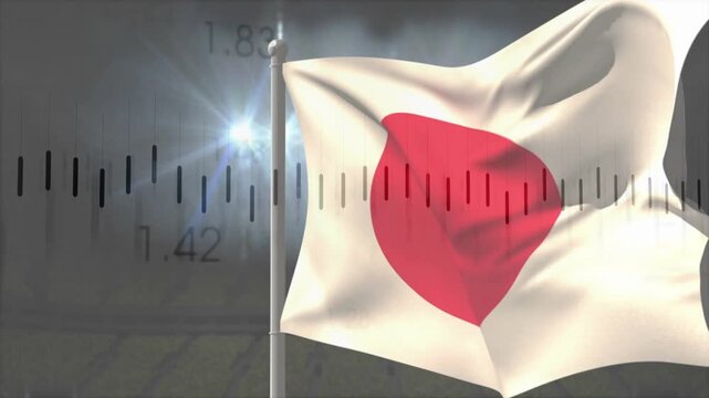 Mounted Hinomaru flag catching gusts, cloth rippling while red disc deforming and overlays shifting