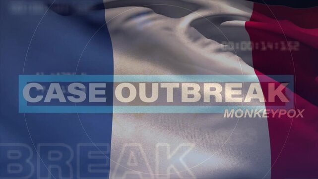 French tricolore flag waving on close-up start, CASE OUTBREAK headline expanding, showing MONKEYPOX