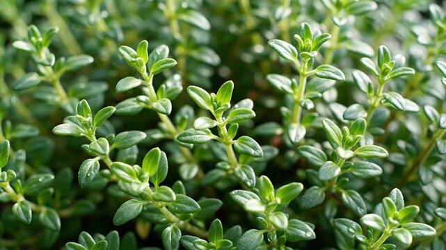 Fresh green thyme plant leaves growing outdoors close-up