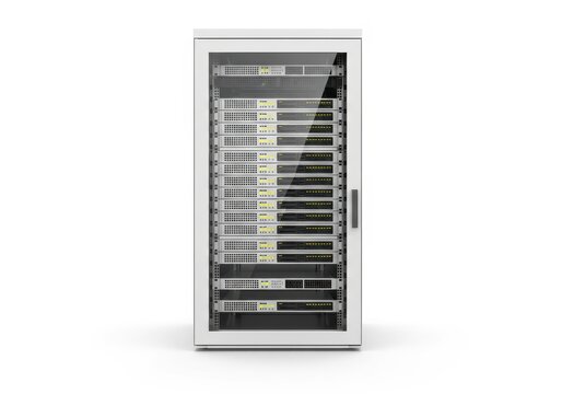 Contemporary equipment rack housing multiple electronic processing units stands isolated against a white background