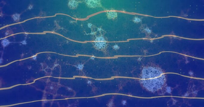 Layered golden bands appearing, undulating while lace blue clusters pulsing, showing micro field