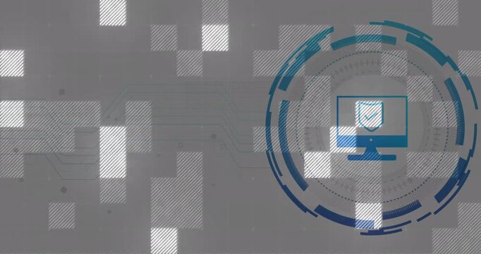 Grid shifting HUD ring forming right arcs rotating traces reaching revealing blue PC shield icon