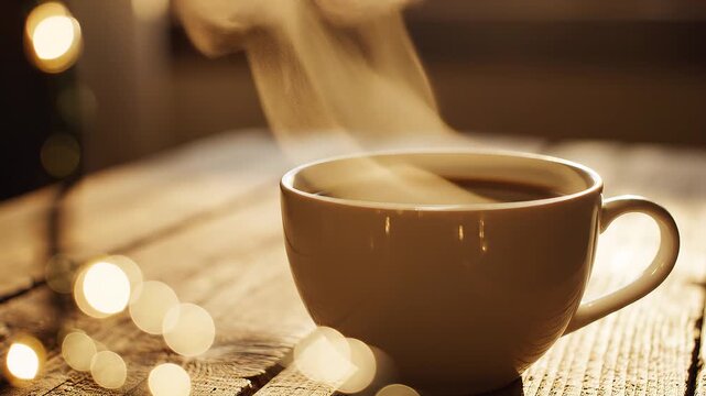 Steaming hot coffee in a brown cup on a wooden table with bokeh lights.