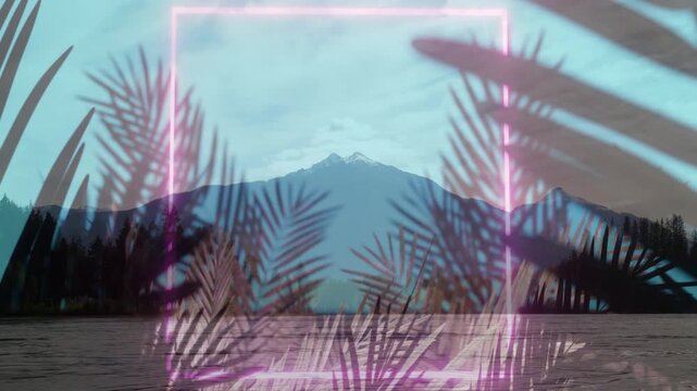 Magenta bands emerging, causing palm fronds shifting as peak staying centered, neon framing scene