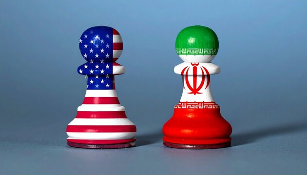 Two chess pawns painted with Iranian and American flags side by side on blue gradient background.