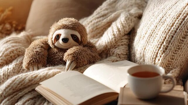 Stuffed sloth toy resting on a knit blanket beside an open book and hot tea cup, cozy relaxation concept for reading