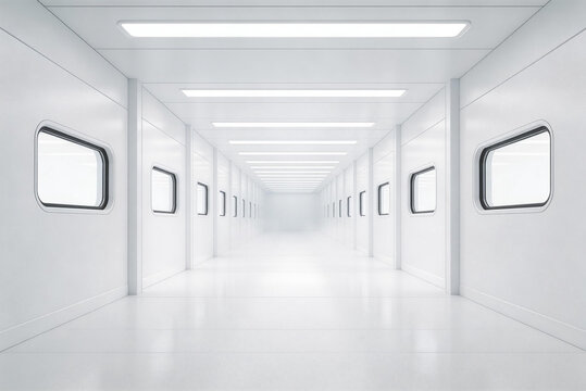 A pristine white medical corridor with fluorescent lighting, featuring clean, sterile design. Ideal for healthcare, laboratory, or cleanroom settings, emphasizing hygiene and modern architecture.
